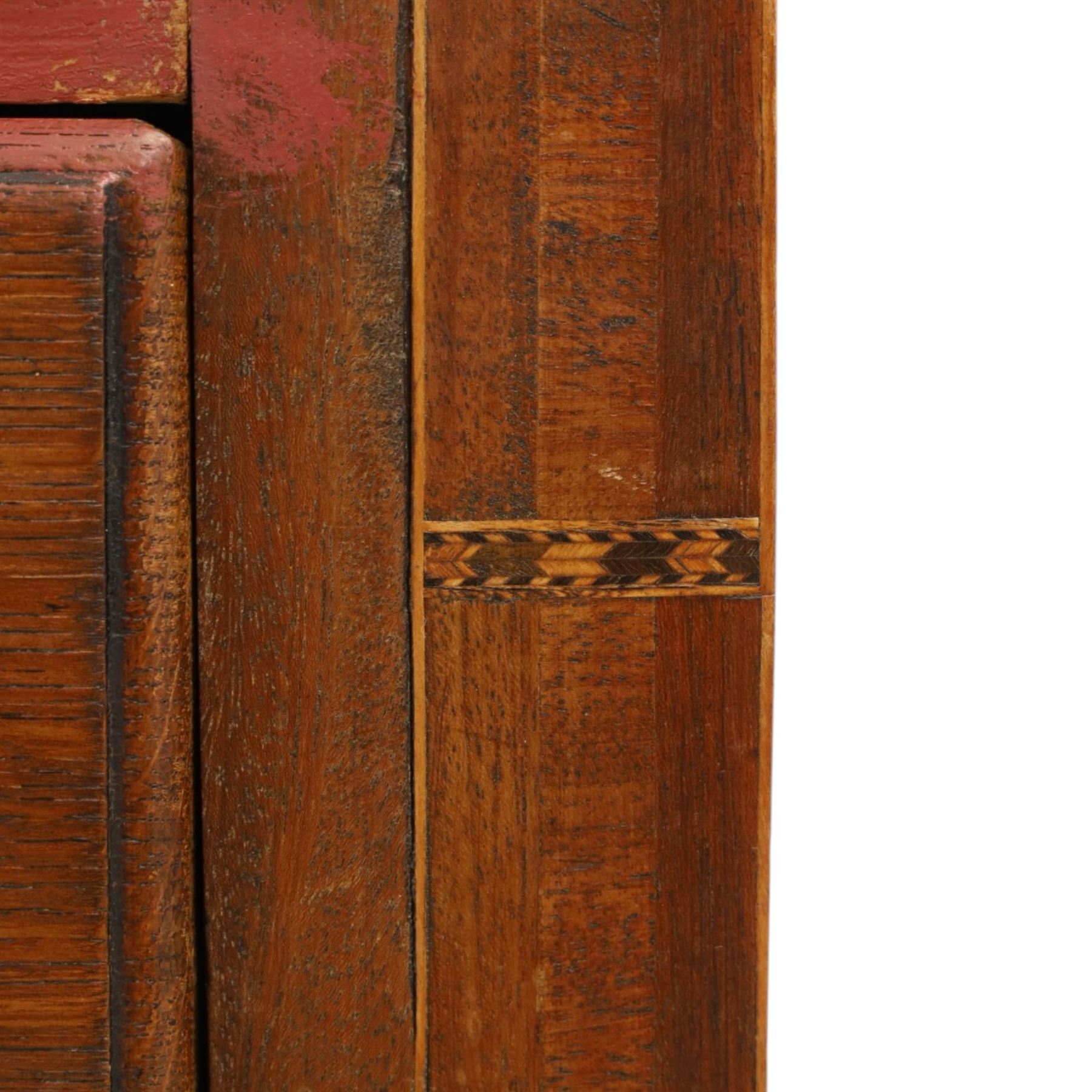 18th century oak chest, fitted with two short and three long graduating drawers, bone escutcheons and brass swan neck handles, bracket feet