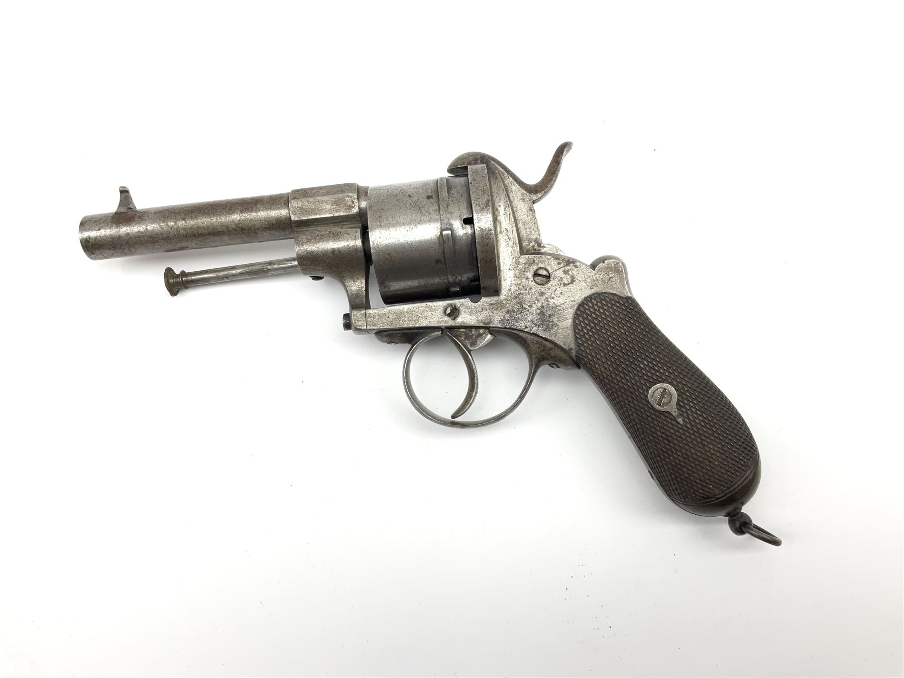 Mid-19th century 12mm (approx. .45cal.) six-shot pin fire revolver with single and double action, bears English proof marks, rifled barrel, fitted ejector rod and chequered walnut split grips L25cm