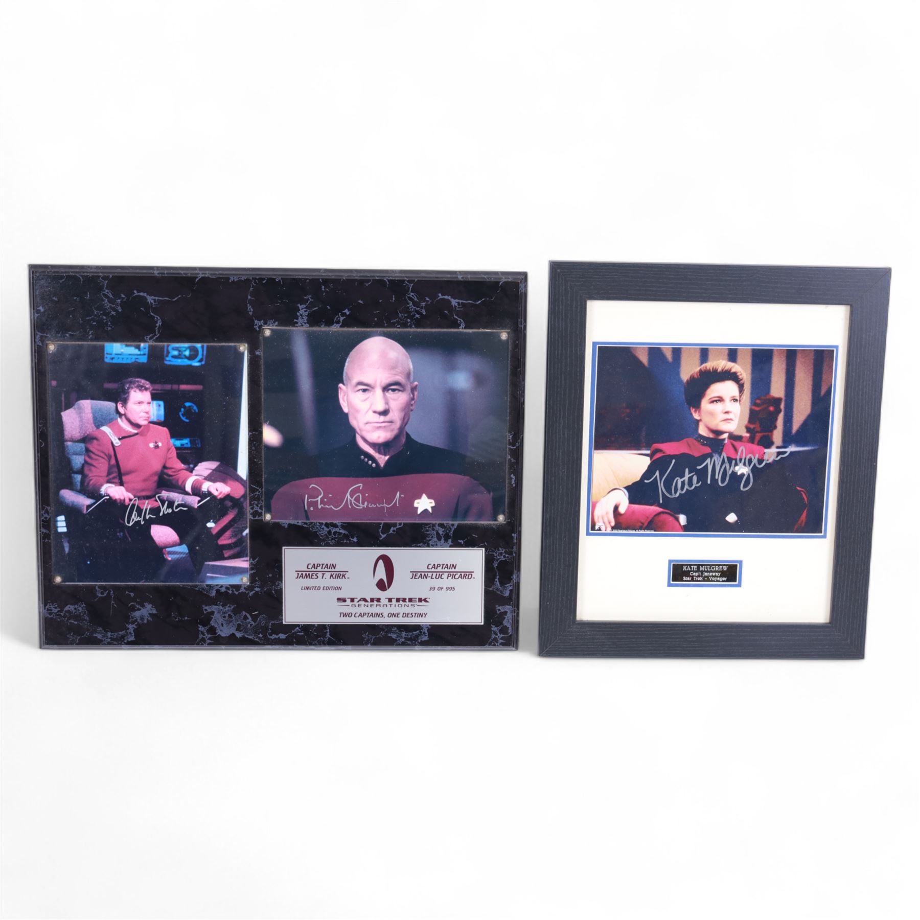 Star Trek Generations 'Two Captains, One Destiny' William Shatner (Captain James T Kirk) and Patrick Stewart (Captain Jean Luc Pickard) limited edition signed photographs, on wooden display board with plaque, limited edition no. 39/995, together with a framed Kate Mulgrew (Captain Janeway) signed photograph, tallest frame H42cm