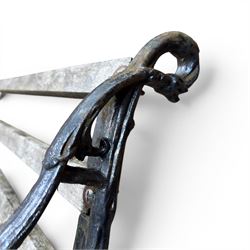 Victorian revival Coalbrookdale 'Dog and Serpent' pattern heavy cast iron garden bench, grape vine detail, joined with eight hardwood slats, finished in black paint