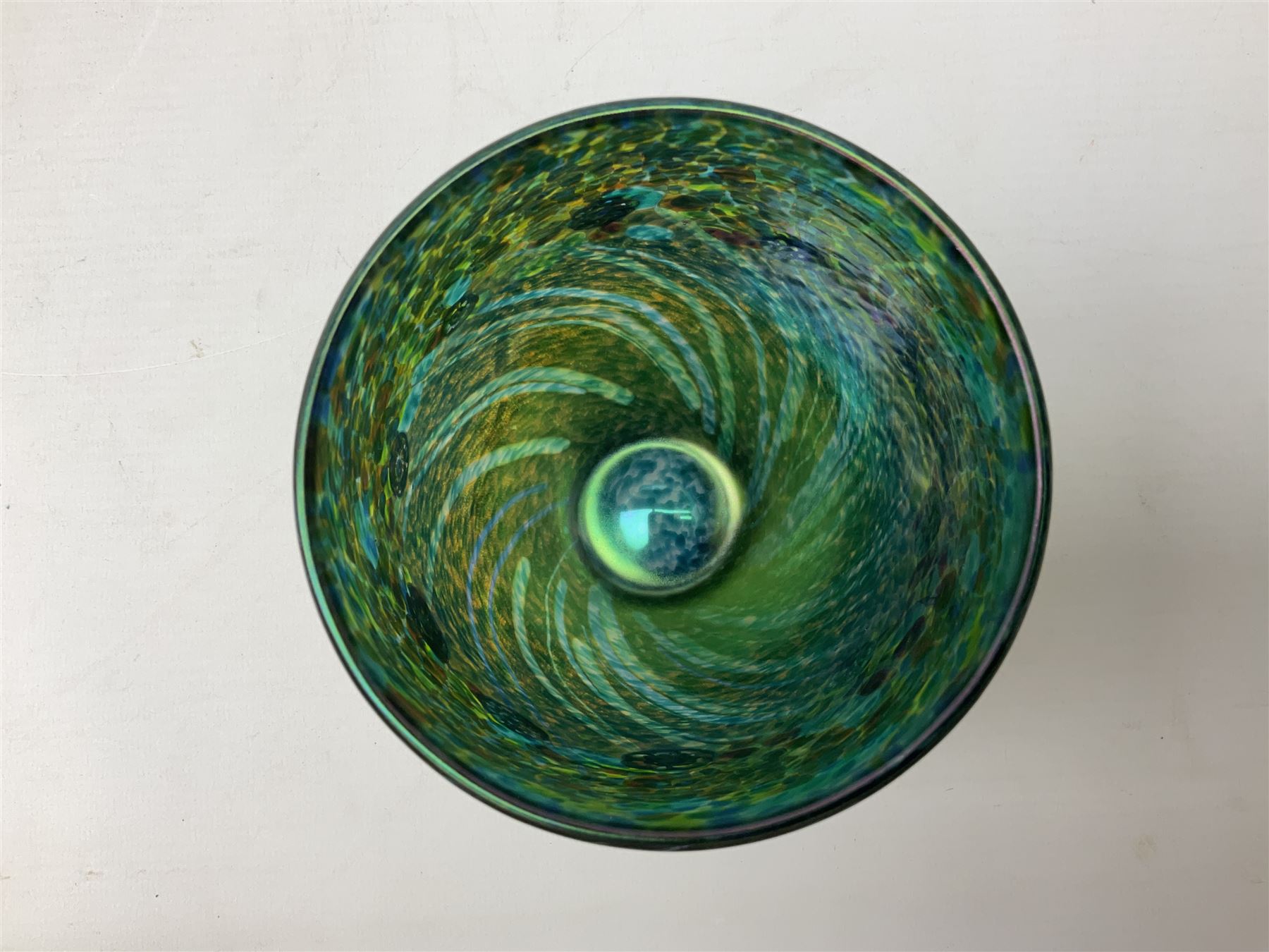 RTV -Jonathan Harris glass cup vase in the 'Everglades' pattern, of floral and striped blue, green and purple iridescent design, with etched 'Ironbridge 2004' mark beneath, with box, H11cm