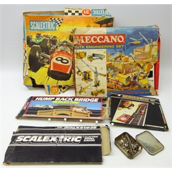  Scalextric Sports 31 boxed set, Scalextric Hump Back Bridge, Lapcounter and spare track all boxed and Meccano Site Engineering boxed set    