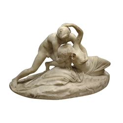  20th century white marble figure group of an angel holding lightly draped female figure, on a naturalistic base, W60cm, H38cm, D32cm  