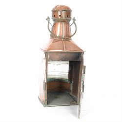 Early 20th century copper ships lantern, with curved and ribbed clear glass panel and swing handle, H55cm