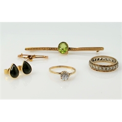  Peridot bar brooch stamped 9ct, pair jade ear-rings stamped 14K, gold cubic zirconia gold ring hallmarked 9ct, gold eternity ring stamped 9ct, gold brooch hallmarked 9ct  