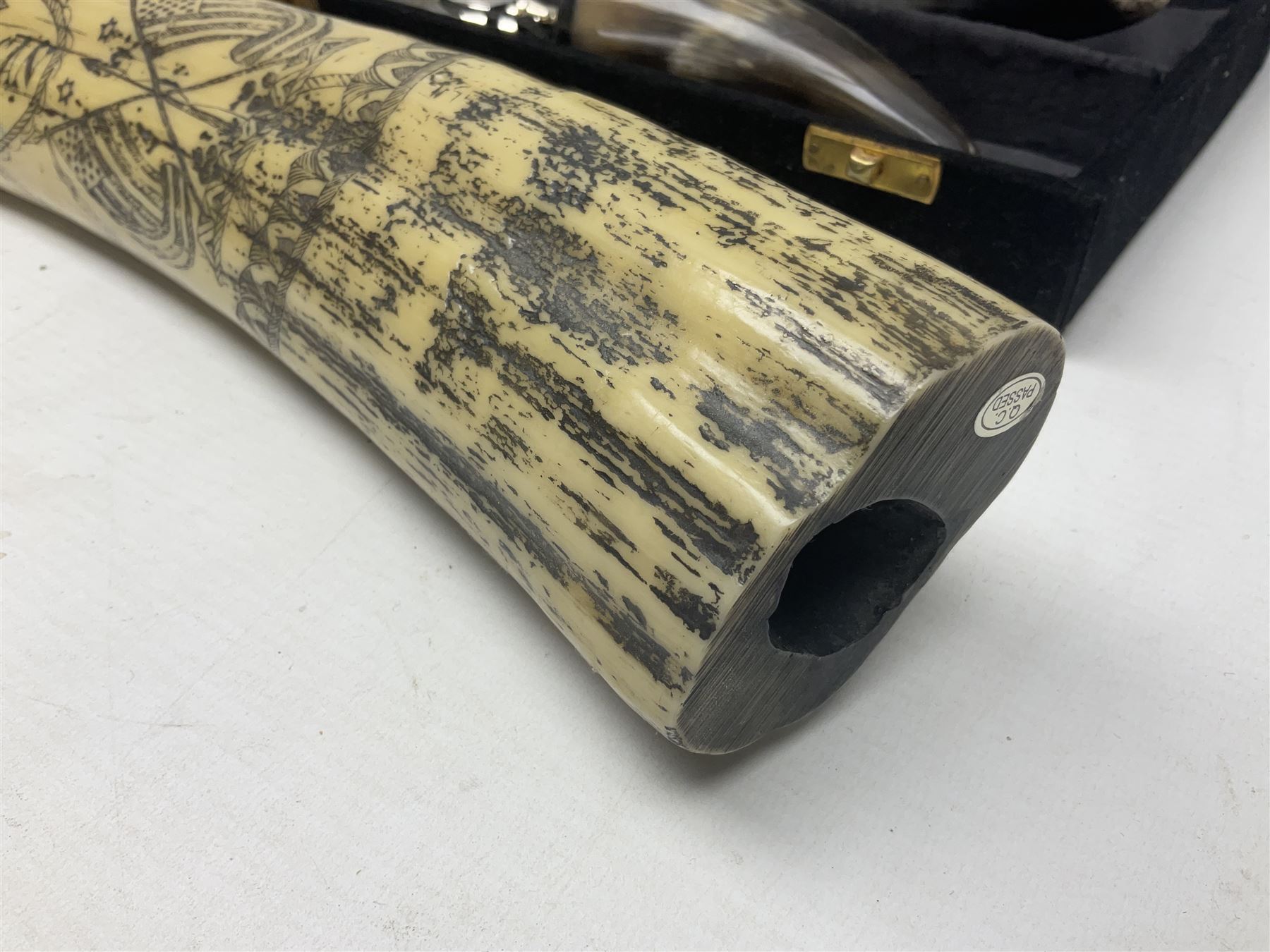 Horn handled magnifying glass and letter opener cased set, replica Scrimshaw in the form of a tusk titled The Ship Charles W Morgan New Bedford and pair of binoculars