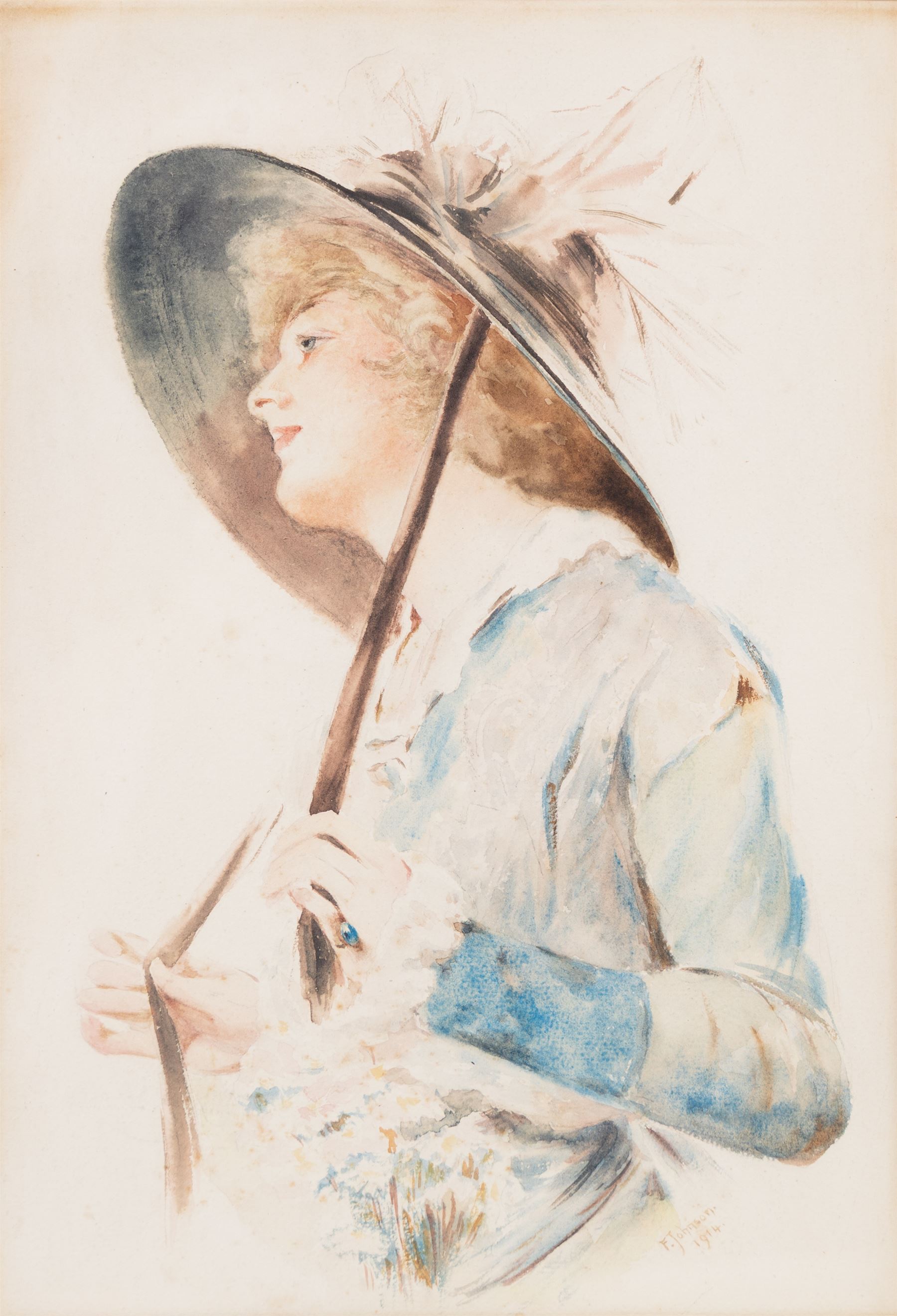 F Johnson (British 19th/20th Century): Portrait of a Lady and her Hat, watercolour signed 33cm x 24cm 