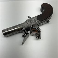 Late 18th century flintlock pocket pistol signed H. Nock London with 4cm turn-off barrel and drop down trigger, engraved lock plates, thumb safety and walnut bag stock L16cm overall