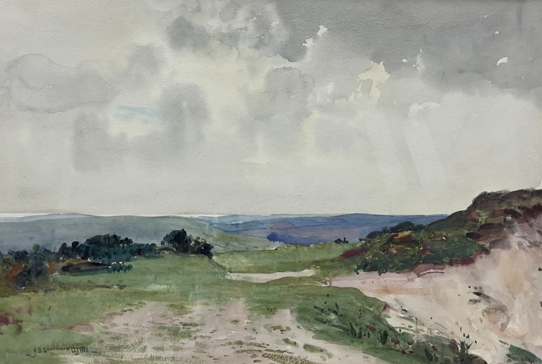 John Sanderson Wells (British 1872-1955): Upland Landscape, watercolour signed 32cm x 46cm