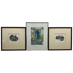 Ian Stephens RE (British 1940-): 'Cosgrove Mill' and 'Cottesbrooke', pair wood engravings signed and titled, dated 1983 and 1984 and numbered 22/50 and 26/50, respectively, 10cm x 13cm; Elaine Marshall (British Contemporary): 'Trinity Garden, Greenwich Riverwalk 1', coloured etching with aquatint signed titled and numbered 26/100 in pencil 23cm x 16cm (3)