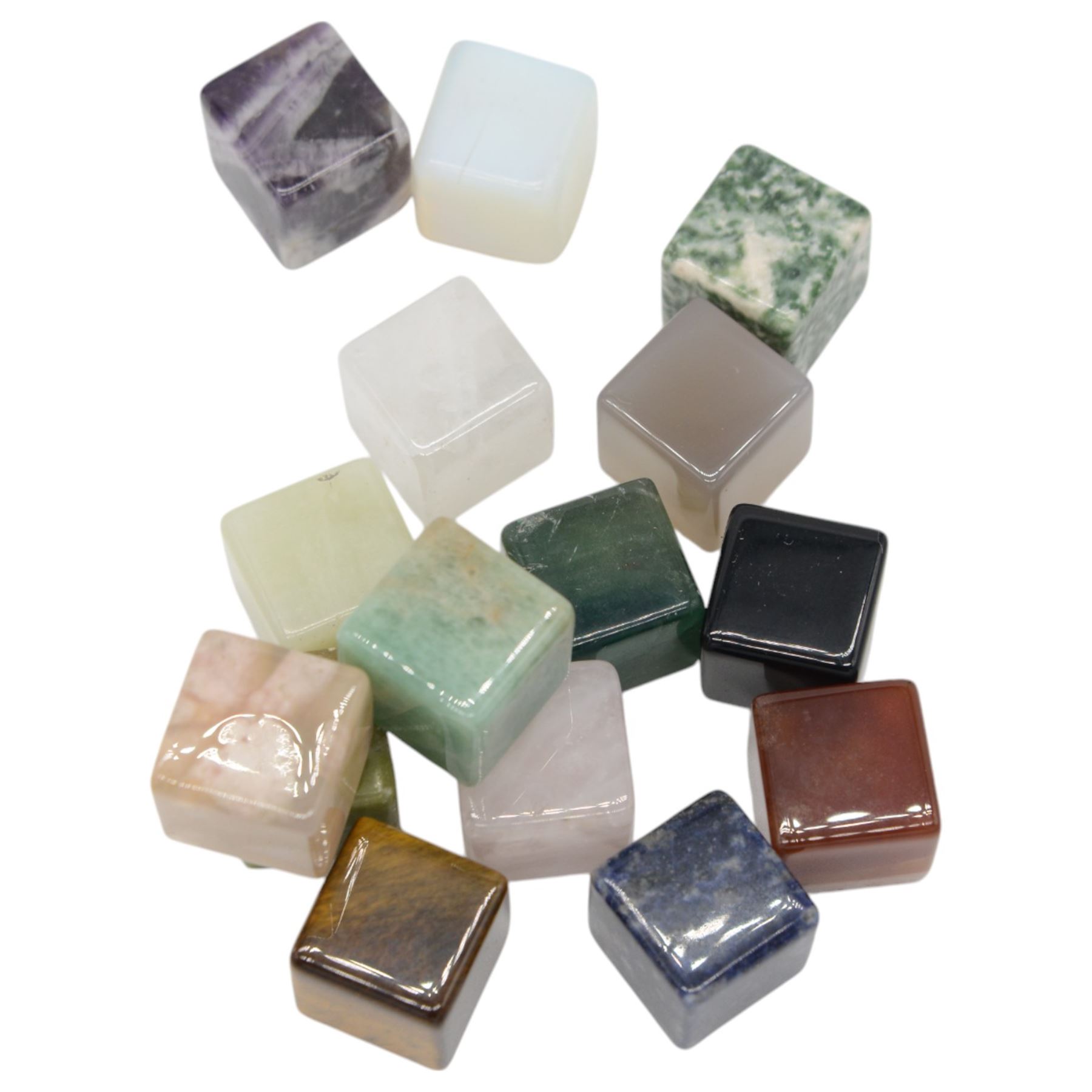 Fifteen cube mineral specimens, each cut and polished to highlight natural formations, including tiger eye, black obsidian, green aventurine, rose quartz, opalite, rhodonite etc, H2cm