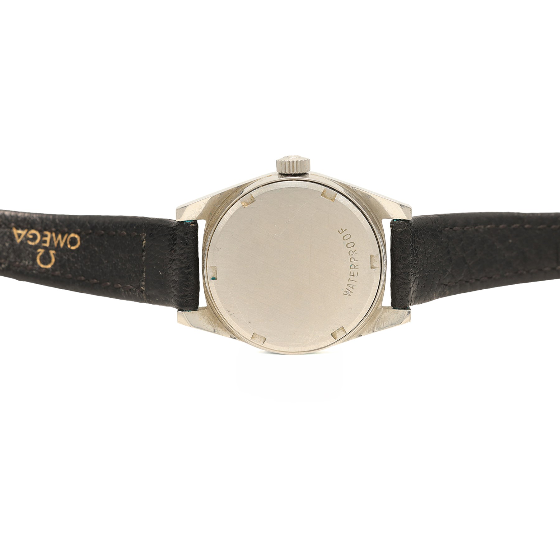 Omega ladies stainless steel manual wind wristwatch, Ref. 535.014, Cal. 630, silvered dial with baton hour markers, on black leather strap