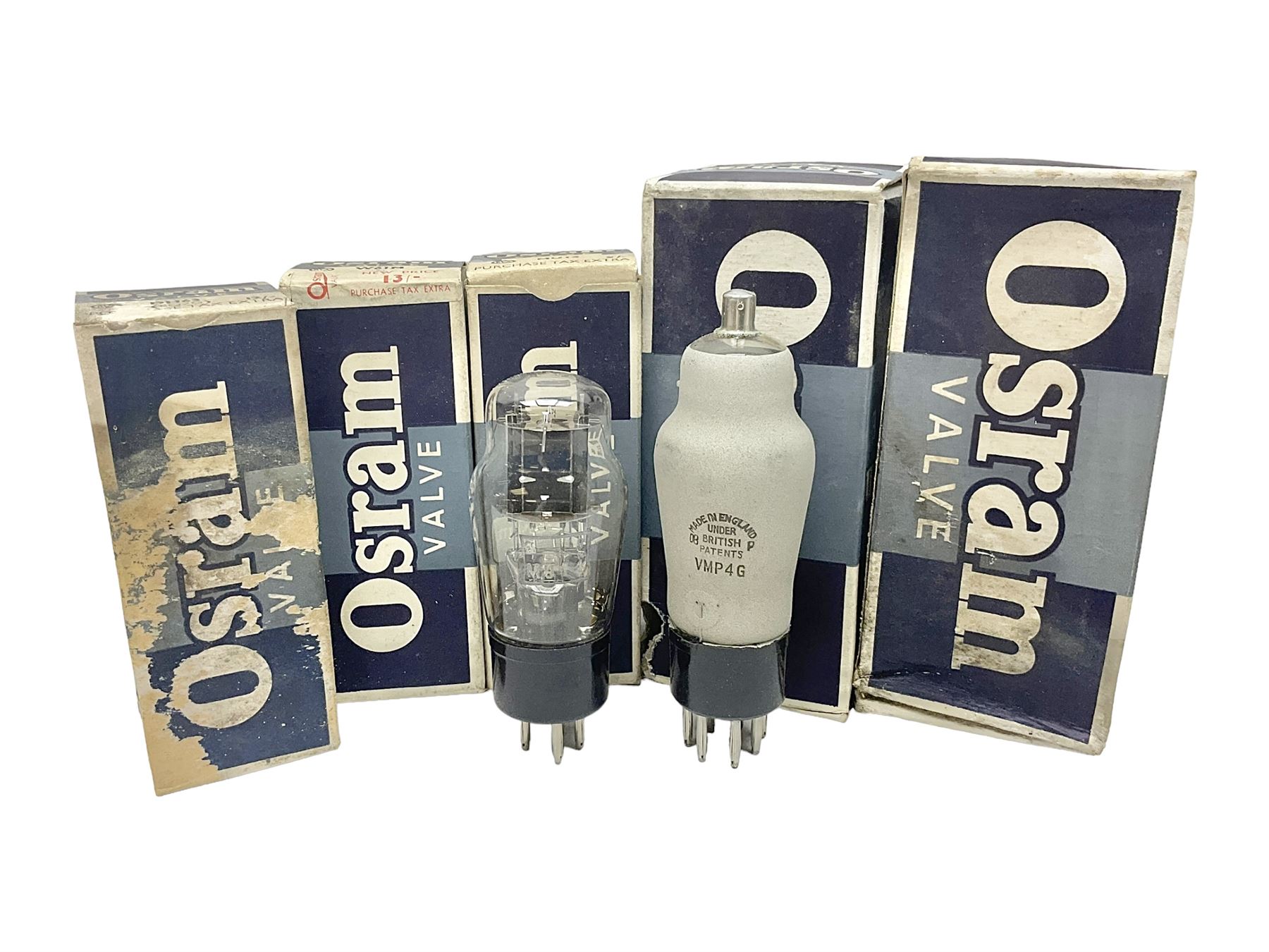 Five Osram thermionic radio valves/vacuum tubes, comprising MU14, MHD4 7PIN MET, VMPG4, DH63 and W61M, all in original boxes