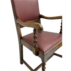 Mid-20th century set seven (6+1) oak barley twist dining chairs, upholstered back and drop in seat, on spiral turned front supports joined by H-shaped stretchers