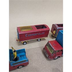 Corgi Major Toys diecast Chipperfields Circus vehicles and similar, comprising International 6x6 Truck, four Circus Animal Cages, Land Rover 109 WB, three Bedford Tractor Units and a Farm Trailer