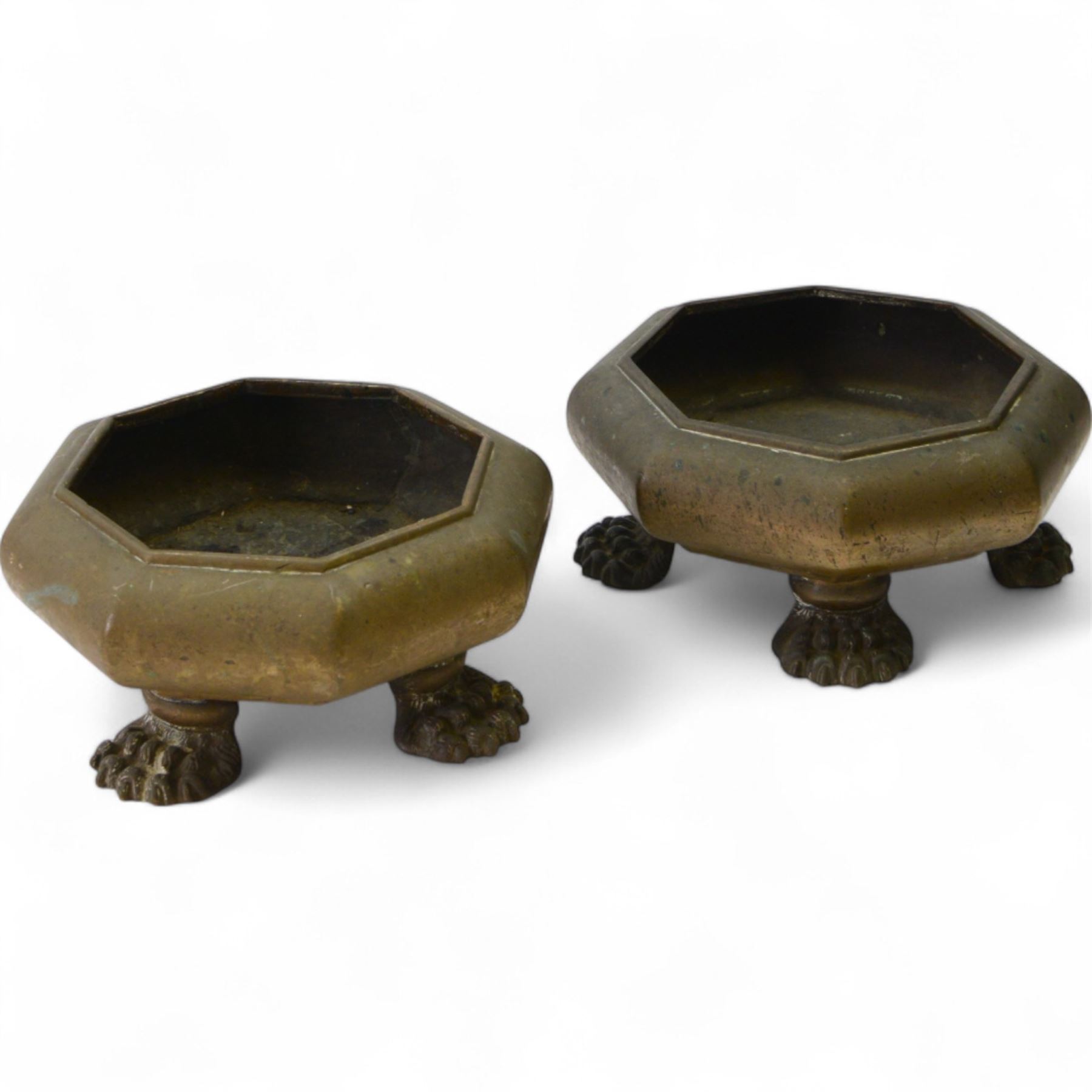 Pair of 19th century, bronze platers, possibly Japanese, of squat cauldron octagonal form, upon four paw feet, H11cm 