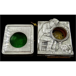  Silver mounted oak pocket watch stand with embossed sleeping gentleman and dog by Thomas Eady & Co Ltd London 1909 14.5cm high and an engine turned silver mounted pocket watch stand with green velvet lining  