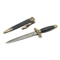  WW2 German SMF Solingen DLV flyers dagger with 16cm steel blade, nickel downswept cross-piece and pommel and leather covered grip, in leather and nickel scabbard with leather suspension strap L34cm overall. After WWI Germany was forbidden an air force by the Treaty of Versailles however the Deutscher Luftsport-Verband (German Air-sport Association) was formed in March 1933 from various sports flying clubs and had branches for aeroplane, gliding and balloon flying. Under cover of the sporting DLV, many future Luftwaffe pilots trained to fly. DLV was embodied with the NSKK in March 1935 and 1st March 1937 Luftwaffe formed.