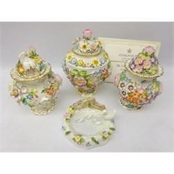  Three Coalport Coalbrookdale Collection limited edition encrusted vases and covers, each with certificate, and a Coalport model of 'The Duck Pond' (4)  
