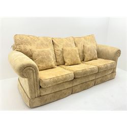 Duresta Waldorf Grande - three seat sofa (L230cm, D100cm) and matching armchair (W115cm, D100cm), scroll arms, upholstered in a pale gold foliate patterned fabric with matching scatter cushions 