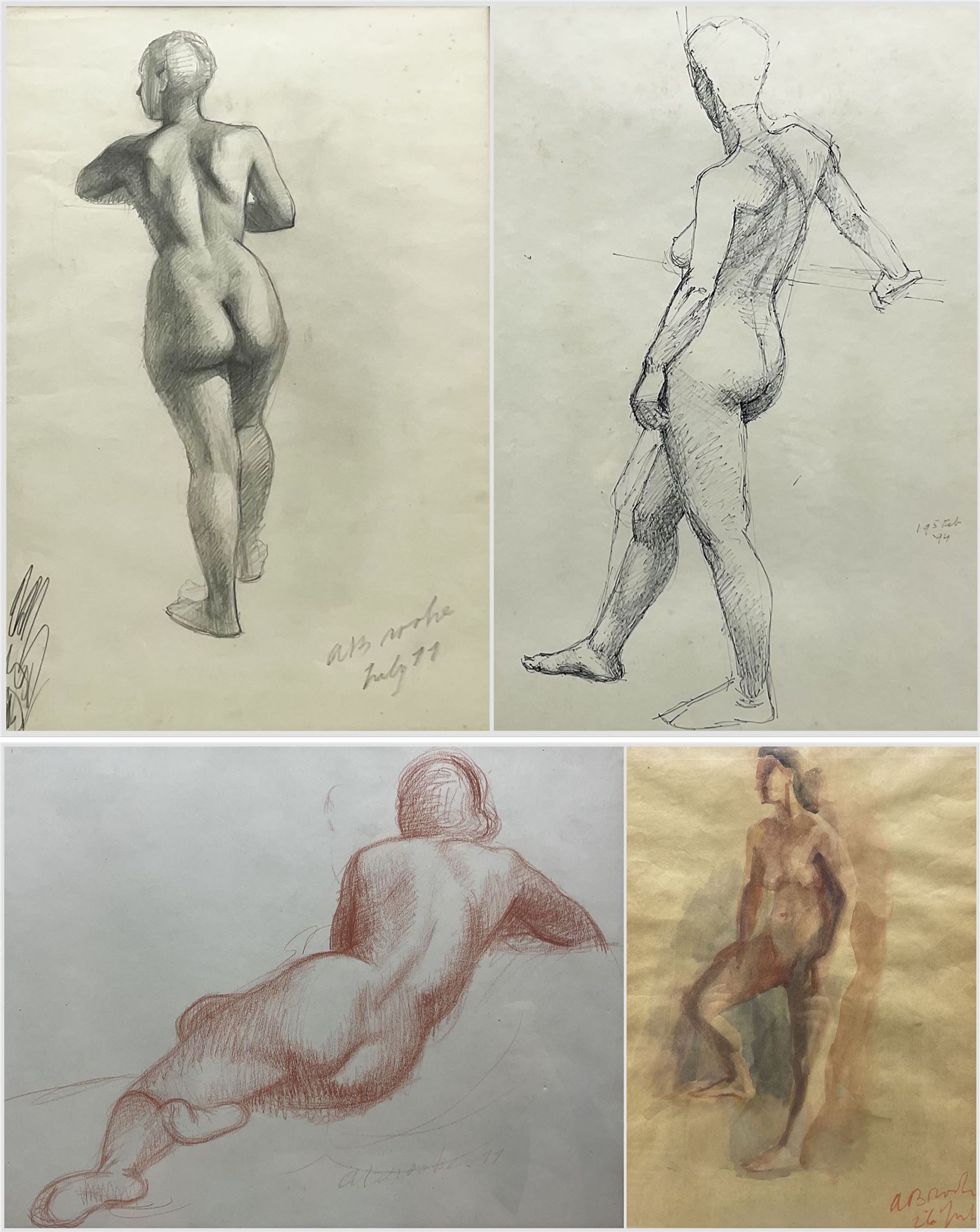 Anne Isabella Brooke (Yorkshire 1916-2002): Female Nude Study's, pencil and ink sketches and watercolour and sanguine chalk signed and variously dated max 52cm x 39cm (4)
Notes: painter and teacher born at South Crosland, Yorkshire principally known for her landscape oils. She attended Chelsea School of Art 1937-39, Huddersfield School of Art 1939-41 and London University. Lived in Harrogate