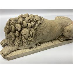Two early 20th century reconstituted stone Grand Tour or Chatsworth House type lions after Antonio Canova, each modelled in recumbent pose upon a rectangular plinth, signed to plinth Dilettanti, each approximately L31cm