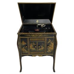 Early 20th century Chinoiserie lacquered gramophone cabinet, the lid decorated with raised gilt work, traditional landscape and figural scenes, fitted with 'Apollo' 'No. 114' gramophone, cupboards below, on cabriole supports