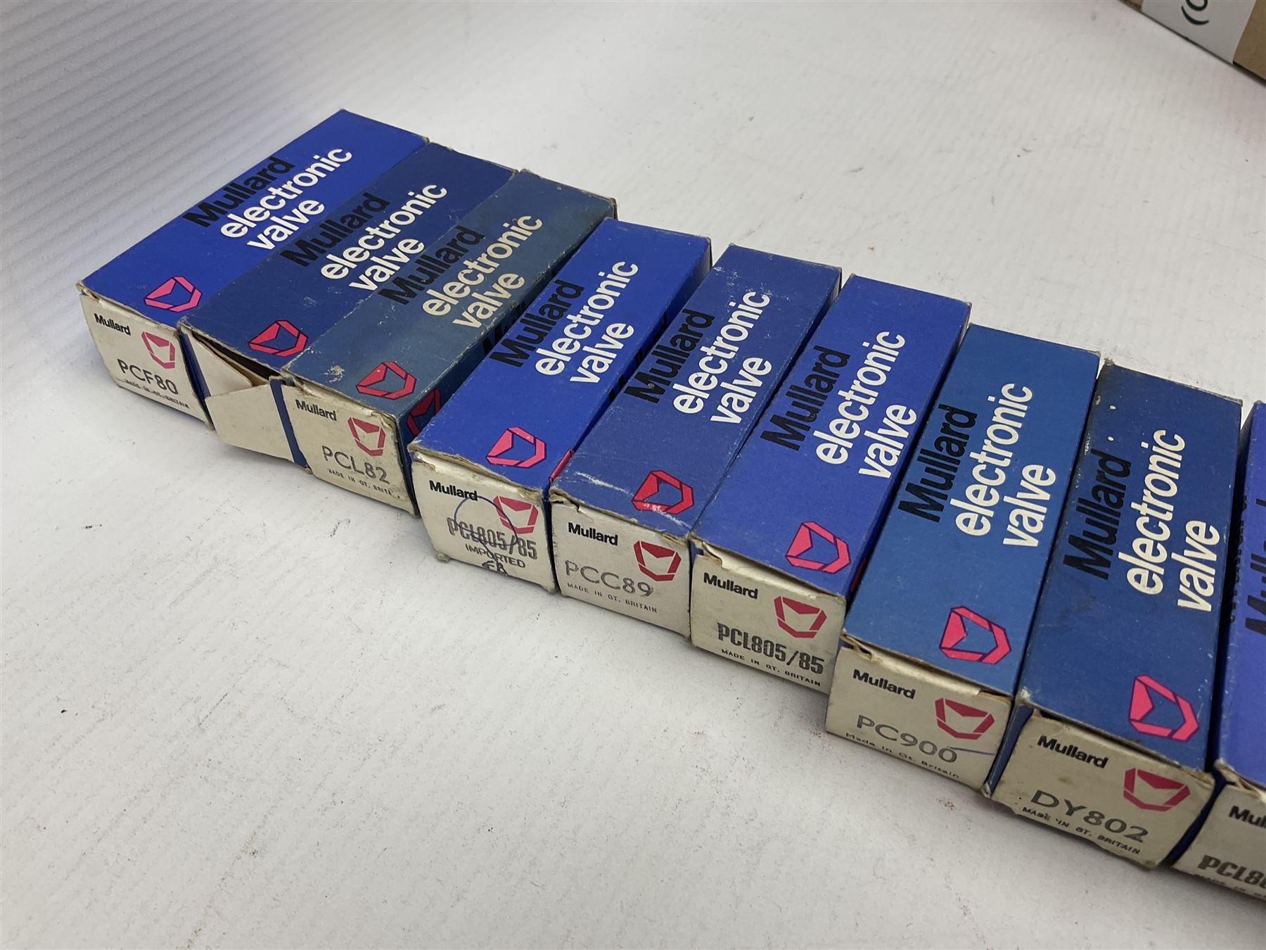 Collection of Mullard thermionic radio valves/vacuum tubes, including PCC189, PCL805/85, DY802, PCL86, PFL200, etc approximately 60 as per list, all boxed
