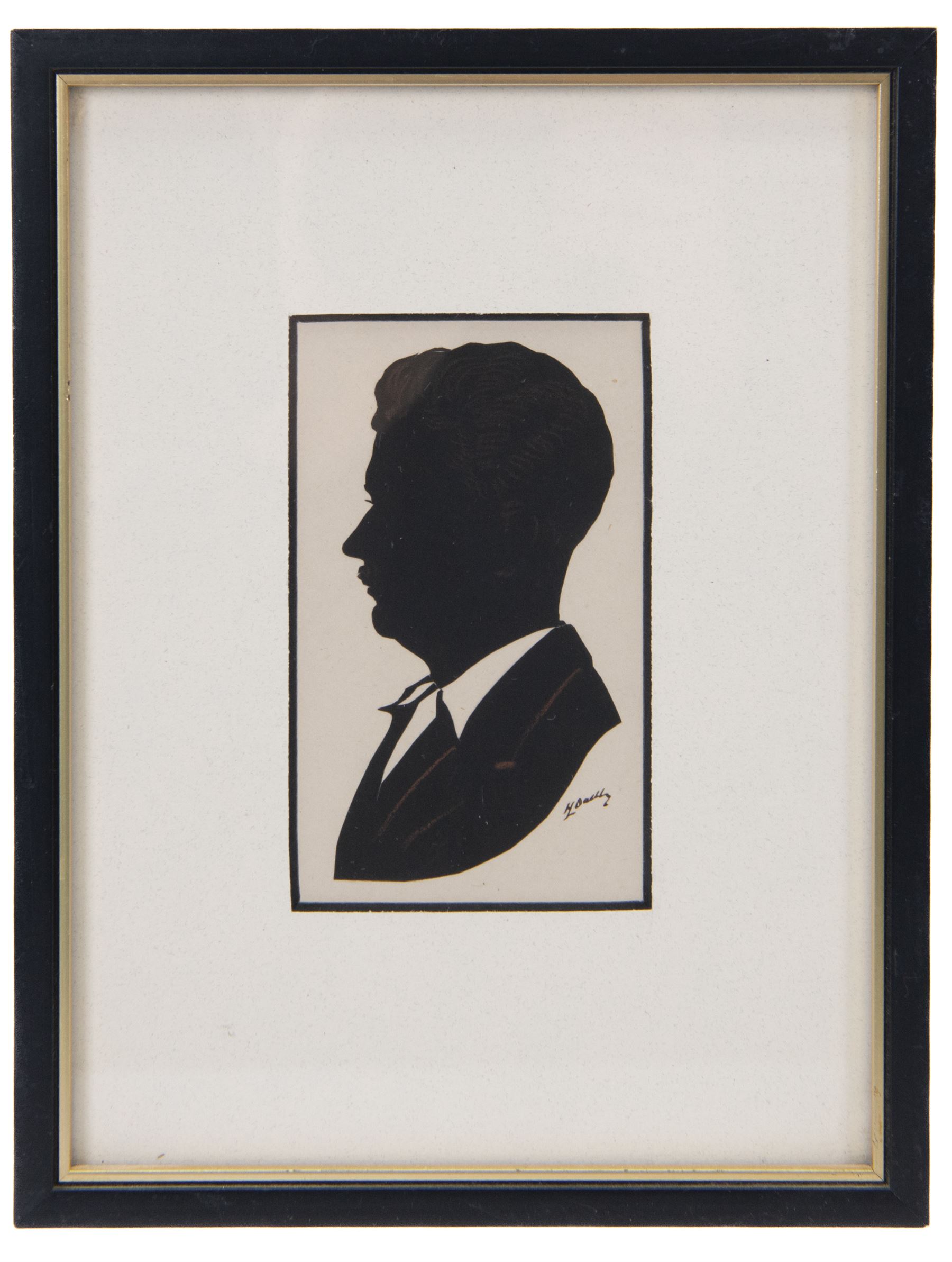 Capt. Harry Lawrence Oakley (British 1882-1960): Mother Father and Two Children, set of four family watercolour silhouettes highlighted in gold pen and pencil signed 11cm x 6cm (4)
Notes: Oakley born in Poppleton York, the son of a chemist who opened shops on Coney Street and Fulford Road. He showed talent for drawing and silhouette cutting from an early age and went on to study art at York School of Science and Art, Leeds School of Art and then the Royal College of Art in London where he was awarded the ARCA diploma in 1908.
He designed the 'Think' poster in collaboration with the North Eastern Railway company in York which then became an official war poster and was used throughout Britain, Australia and Canada. Oakley’s figure of the advancing soldier became an iconic image and was adapted and used in many forms. This success led to further commissions, including the “Remember” poster which was used to recruit men for the Royal Navy.
Oakley served in the Green Howards during the the First War. Each year, between 1920 and 1958, holidaymakers walking along the pier at Llandudno North Wales, could have stopped at a booth to have their silhouette portrait painted or cut by Mr H. L. Oakley, otherwise known as the 'Man with the Magic Scissors'.  