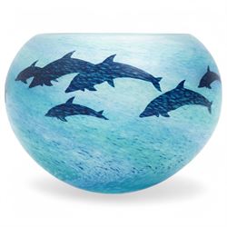 Malcolm Sutcliffe (British 1954-): Studio glass cameo bowl, the body mottled and speckled with shades of blue decorated with dolphins, etched signature, D10cm