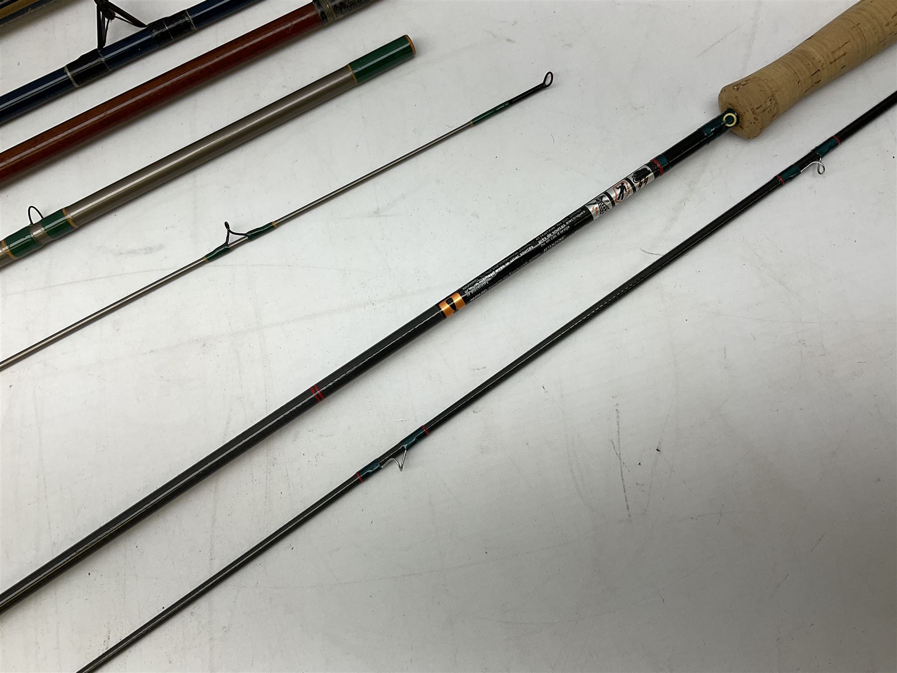 Shakespeare 'Composite Beachcaster 1332-300' 10ft two piece rod with Shakespeare alpha reel, Elastiglas two piece fly rod, Ryobi Masterline carbon fibre 'Pioneer PIF 85 Fly 8' 6