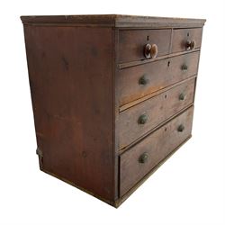 19th century stained pine straight-front chest, fitted with two short and three long drawers