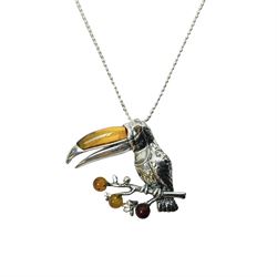 Silver Baltic amber toucan pendant necklace