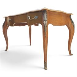 And So To Bed - Cherrywood serpentine dressing table, two drawers with brass handles foliate design with applied gilt mounts, raised on cabriole legs with gilt caps