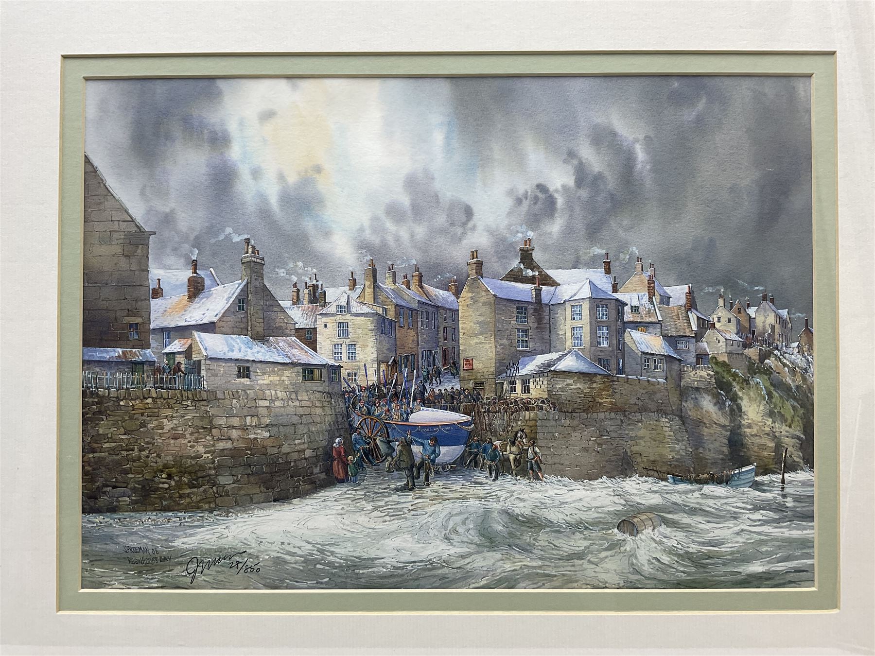 John Freeman (British 1942-): 'Whitby Viaduct' and Launching the Lifeboat 'Robin Hood's Bay', pair limited edition prints signed and numbered 6/500 and 28/850, respectively, 34cm x 49cm and 24cm x 35cm