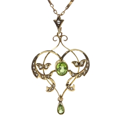  Edwardian peridot and seed pearl pendant necklace, on gold link chin with barrel clasp, both stamped 9ct, cased  