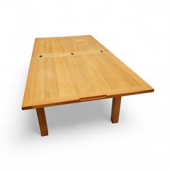 Laura Ashley - contemporary dining suite, comprising square extending oak veneered dining table with fold out leaf, together with four high back dining chairs upholstered in cream faux leather with pale wood legs