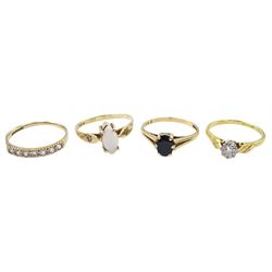 18ct gold single stone illusion set diamond ring and three 9ct gold stone set rings including marquise opal and diamond, single stone sapphire and a cubic zirconia half eternity ring, all hallmarked