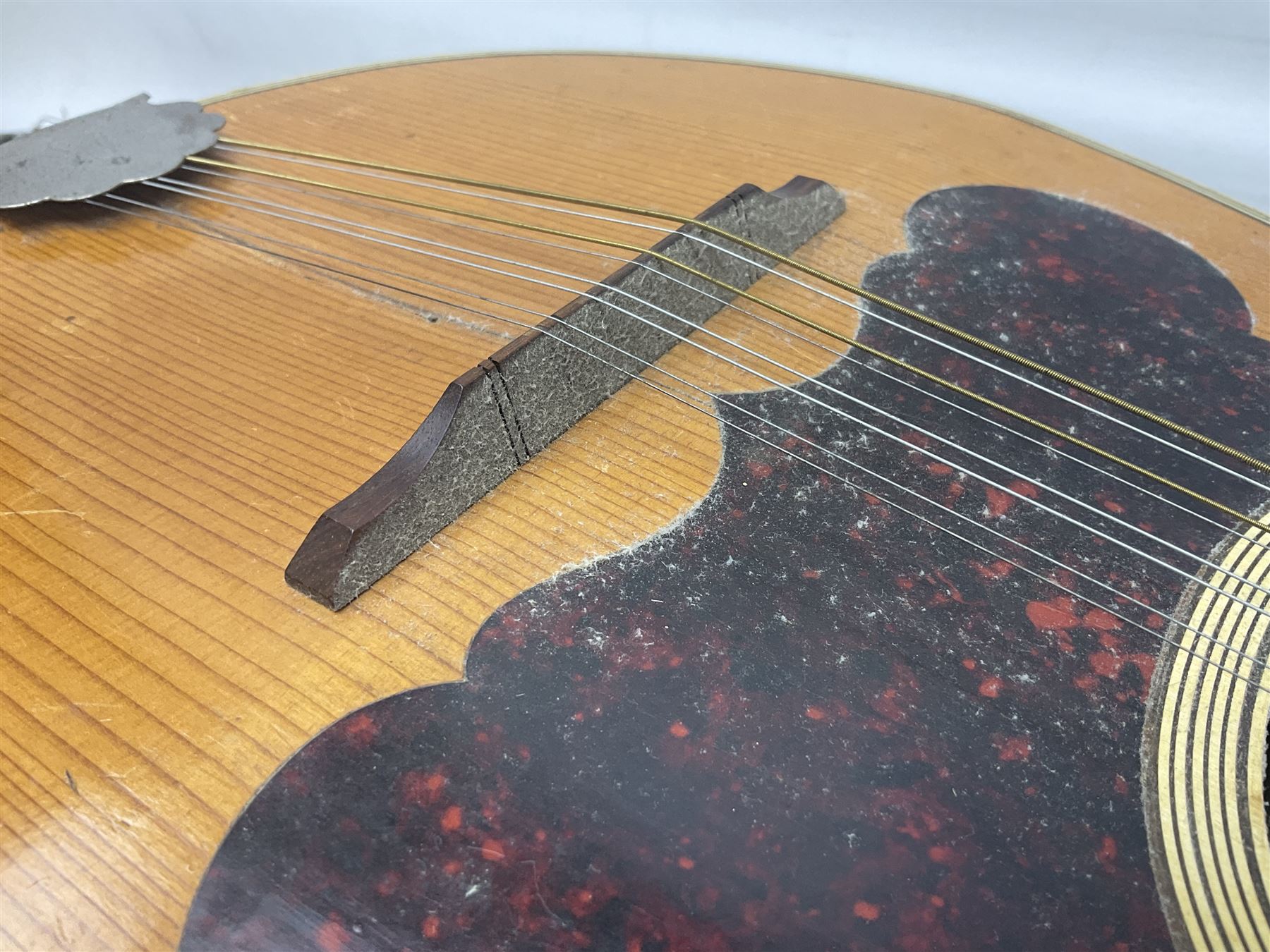 Italian bouzouki type long necked mandolin with segmented lute back and spruce top with tortoiseshell style panels; bears label 'Miroglio & Figli Sicilia Catania Italia' L99cm; and Italian lute back mandolin with segmented back and spruce top bearing label for F. De Mureda Napoli (2)
