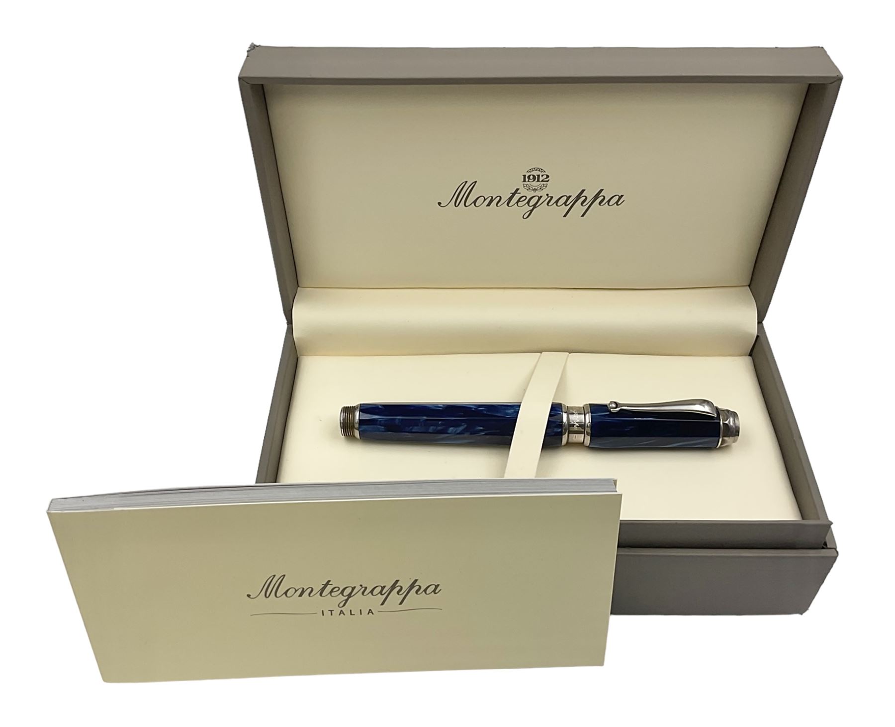 Montegrappa Emblema fountain pen, the blue pearl marbled barrel of octagonal form with silver mounts stamped 925 and silver mounted cap with 1912 emblem and clip with roller, in box, L13.5cm