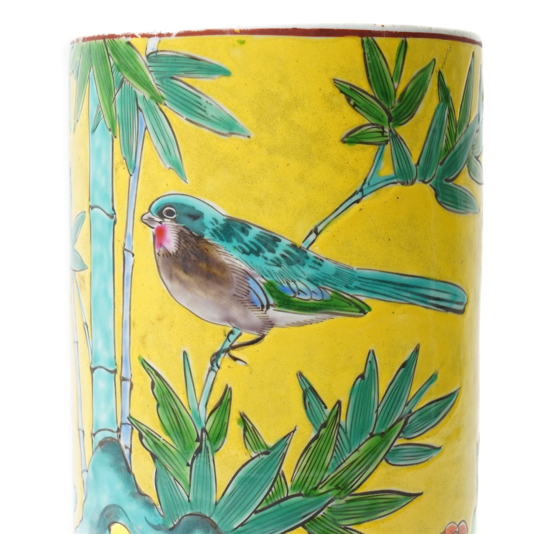 Chinese famille jaune spill vase, decorated with birds and flowers, mark in red to base, H24cm