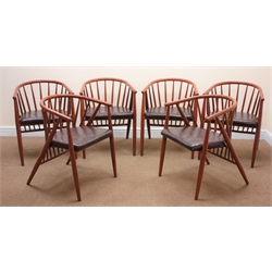  Set six tubular teak effect tub shaped armchairs, upholstered seats, tapering supports, W57cm  