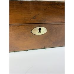 A late Victorian walnut box, with mother of pearl escutcheon, and oval plaque to the hinged cover, opening to reveal a later interior, L27cm. 