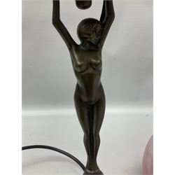 Art Deco style table lamp, modelled as a nude female figure, her arms raised supporting a mottled pink and white shade, together with a spare matching shade, H44cm 
