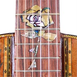 'The Moor Relic' classical guitar, with aged finish and abalone inlay, made by Geoff Hall, stringed instrument maker