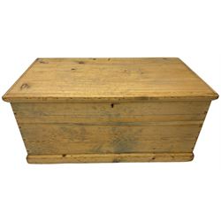Victorian pine blanket box, hinged lid, fitted with carrying handles, on castors