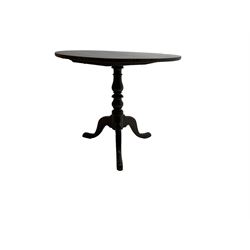 Late 19th century oak tilt-top tripod table, circular top over turned pedestal with cabriole supports