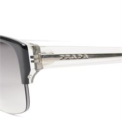 Prada - half-rim sunglasses with black acetate upper frame, clear acetate and silver-tone metal temples, graduated smoke lenses and PRADA lettering to the arms, in original hard case