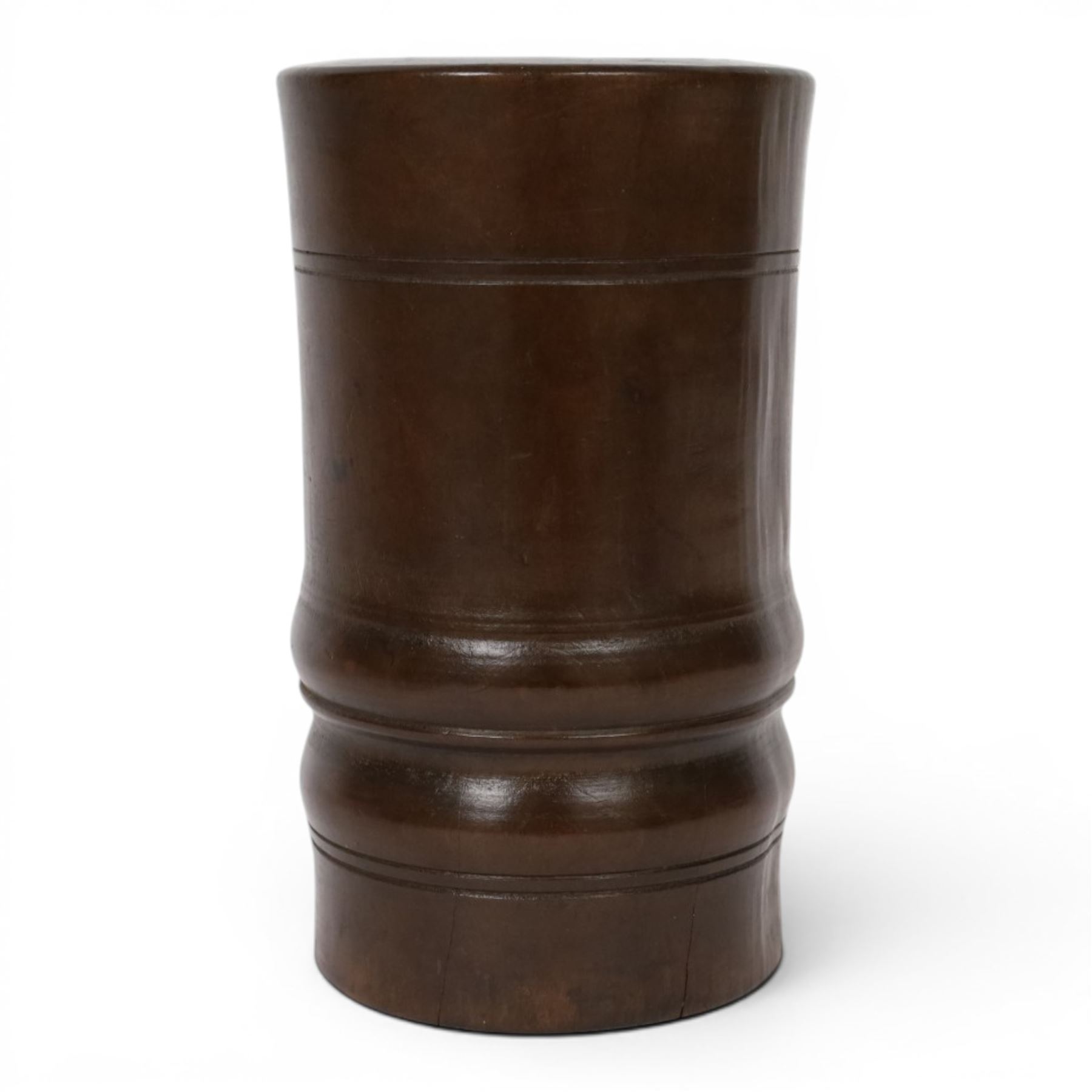18th century turned fruitwood mortar, of tall proportions and cylindrical form with ring turned and moulded detail, 22.5cm 
