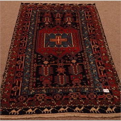  Meshed blue ground rug, central medallion, geometric pattern field, 180cm x 132cm  